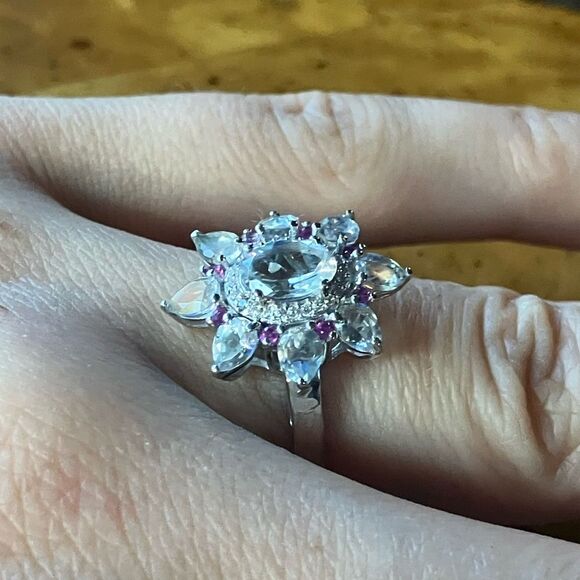 Rainbow Moonstone Pink Sapphire Sterling Silver Cocktail Ring - Picture 2 of 8